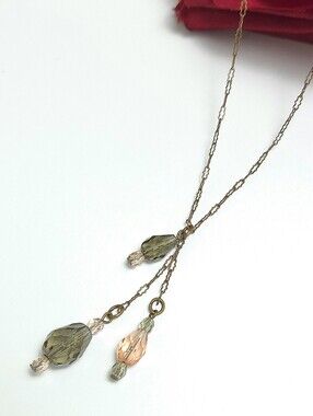 Janny Antiqued Gold Plated Peach & Smokey Teardrop Crystal Lariat Necklace 18"